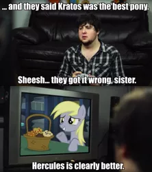Size: 529x596 | Tagged: safe, banned from derpibooru, deleted from derpibooru, derpibooru import, edit, screencap, derpy hooves, slice of life (episode), basket, best pony, caption, derpules, food, grin, hercules, hercules games, i just don't know what went wrong, image macro, jontron, kratos, meme, muffin, nintendo 64, post office, smiling, text