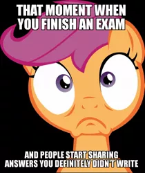 Size: 820x975 | Tagged: safe, banned from derpibooru, deleted from derpibooru, derpibooru import, scootaloo, caption, image macro, meme, obligatory pony, school, solo, text, when x and y