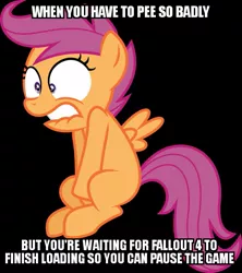 Size: 533x600 | Tagged: safe, banned from derpibooru, deleted from derpibooru, derpibooru import, scootaloo, caption, desperation, fallout, fallout 4, image macro, meme, need to pee, obligatory pony, omorashi, potty emergency, potty time, solo, text, when x and y