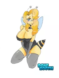 Size: 1024x1344 | Tagged: suggestive, artist:ponebooth, banned from derpibooru, deleted from derpibooru, derpibooru import, oc, unofficial characters only, anthro, animal costume, bee costume, big breasts, breasts, cleavage, clothes, costume, erect nipples, female, leotard, nipples, nudity, solo, solo female, stockings, thigh highs