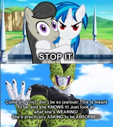 Size: 683x765 | Tagged: safe, banned from derpibooru, deleted from derpibooru, derpibooru import, octavia melody, vinyl scratch, cell (dbz), cell just wouldn't stop messing with octavia, crossover, dragon ball z, dragonball z abridged, image, jpeg, perfect cell, red eyes, red eyes take warning