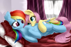 Size: 9000x6000 | Tagged: safe, artist:aurelleah, banned from derpibooru, deleted from derpibooru, derpibooru import, fluttershy, rainbow dash, absurd file size, absurd resolution, aurelleah is trying to murder us, backwards cutie mark, bed, bedroom eyes, blanket, chest fluff, crepuscular rays, cuddling, curtains, cute, dashabetes, ear fluff, eye contact, female, fluffy, flutterdash, grooming, lesbian, looking at each other, lying down, male, pillow, preening, prone, scrunchy face, shipping, shyabetes, snuggling, sploot, spooning, straight, window, wing noms