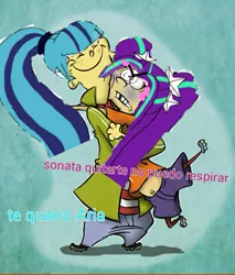 Size: 689x807 | Tagged: safe, banned from derpibooru, deleted from derpibooru, derpibooru import, aria blaze, sonata dusk, equestria girls, arisona, barely pony related, ed, ed edd n eddy, edd, female, lesbian, obligatory pony, photoshop, recolor, shipping, spanish