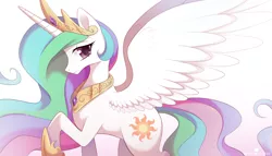 Size: 1280x731 | Tagged: dead source, safe, artist:verawitch, banned from derpibooru, deleted from derpibooru, derpibooru import, princess celestia, alicorn, pony, colored pupils, female, gradient background, looking at you, mare, pink background, raised hoof, simple background, solo, somber, white background