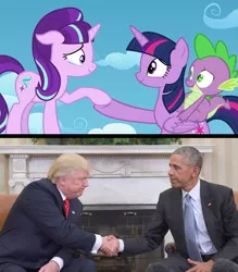 Size: 1280x1460 | Tagged: safe, banned from derpibooru, deleted from derpibooru, derpibooru import, screencap, spike, starlight glimmer, twilight sparkle, alicorn, the cutie re-mark, barack obama, cloud, comparison, donald trump, handshake, holding hooves, politics, sky, twilight sparkle (alicorn), white house