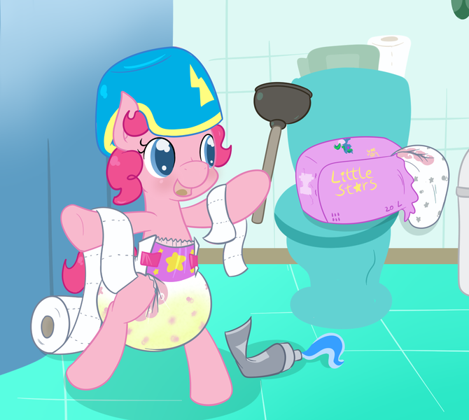 Size: 1261x1129 | Tagged: questionable, artist:vitriolink, banned from derpibooru, deleted from derpibooru, derpibooru import, pinkie pie, pony, baby, baby pony, cute, diaper, diaper fetish, diaper package, diapinkes, fetish, foal, poofy diaper, potty, toilet, toilet paper, toilet plunger, toothpaste, urine, wet diaper, younger