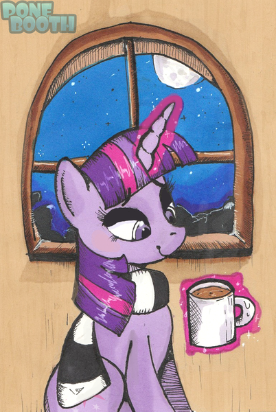 Size: 768x1145 | Tagged: safe, artist:ponebooth, banned from derpibooru, deleted from derpibooru, derpibooru import, twilight sparkle, clothes, coffee, cup, magic, scarf, solo, traditional art, window, winter