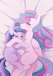 Size: 1280x1821 | Tagged: safe, artist:verawitch, banned from derpibooru, deleted from derpibooru, derpibooru import, princess flurry heart, oc, oc:ilumina, cousins, cuddling, cute, duo, magical lesbian spawn, offspring, older, parent:princess celestia, parents:twilestia, parent:twilight sparkle, sleeping, snuggling