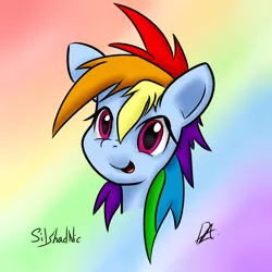 Size: 1800x1800 | Tagged: safe, artist:silshadnic, artist:syntaxartz, banned from derpibooru, deleted from derpibooru, derpibooru import, rainbow dash, bust, colored, gradient background, looking at you, open mouth, portrait, smiling, solo