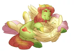 Size: 1024x703 | Tagged: dead source, safe, artist:shellielle, banned from derpibooru, deleted from derpibooru, derpibooru import, fluttershy, tree hugger, cuddling, female, flutterhugger, lesbian, on back, shipping, simple background, snuggling, spread wings, unshorn fetlocks, wings