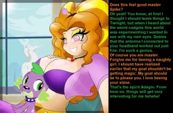 Size: 1394x914 | Tagged: suggestive, artist:thebrokencog, banned from derpibooru, deleted from derpibooru, derpibooru import, edit, editor:misterman4, adagio dazzle, spike, dog, human, equestria girls, belly button, big breasts, boob smothering, breasts, busty adagio dazzle, cleavage, eyeshadow, female, huge breasts, humanized, hypnosis, hypnosis edit, looking at you, makeup, male, maledom, manip, midriff, offscreen character, smiling, smothering, solo, solo female, spike the dog, stupid sexy adagio dazzle, text