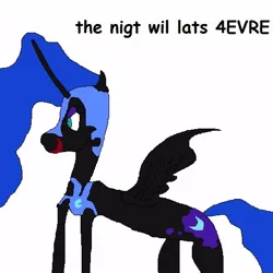Size: 512x512 | Tagged: safe, artist:dellovan, banned from derpibooru, deleted from derpibooru, derpibooru import, nightmare moon, comic sans, digital art, ms paint, simple background, solo, stylistic suck, white background