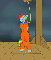 Size: 1244x1449 | Tagged: grimdark, artist:poisindoodles, banned from derpibooru, deleted from derpibooru, derpibooru import, edit, rainbow dash, anthro, abuse, animated, asphyxiation, asphyxiation incontinence, clothes, crying, dashabuse, dead, death, edgy, execution, fear, gallows, hanging, hanging (by neck), neck snap, needs more jpeg, noose, ow the edge, pissing, prisoner, prisoner rd, prison outfit, rope, royal guard, snuff, stethoscope, urine, wetting