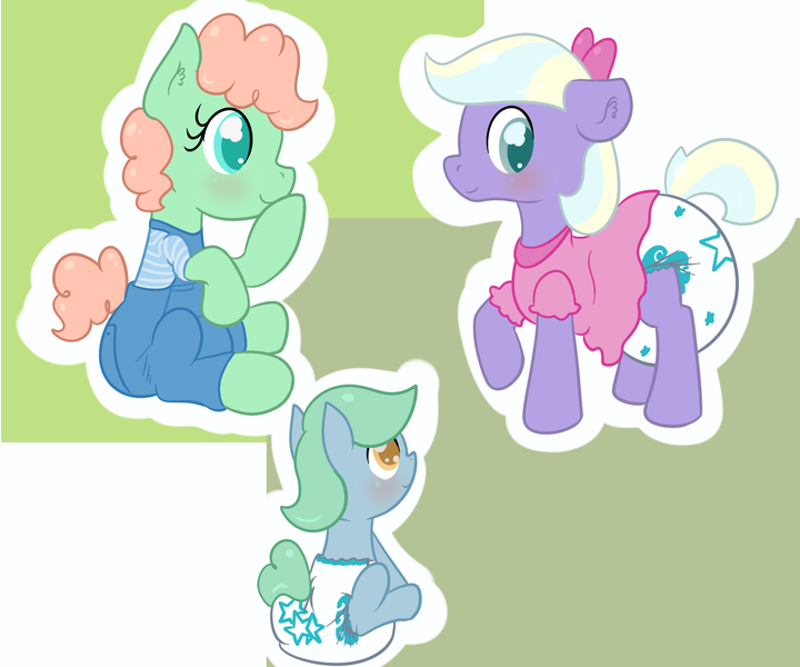 Size: 1462x1218 | Tagged: questionable, artist:vitriolink, banned from derpibooru, deleted from derpibooru, derpibooru import, oc, oc:bruised fruit, oc:forbidden mint, oc:fresh mint, unofficial characters only, pony, baby, baby pony, blushing, bow, clothes, colt, crossdressing, cute, diaper, dress, female, filly, hair bow, male, poofy diaper, sissy, tomboy