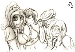 Size: 1280x894 | Tagged: safe, artist:jbvonherb, banned from derpibooru, deleted from derpibooru, derpibooru import, applejack, pinkie pie, rarity, trixie, human, humanized, sketch, traditional art