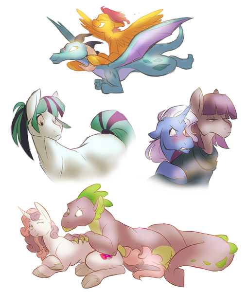 Size: 5852x6914 | Tagged: safe, artist:shellielle, banned from derpibooru, deleted from derpibooru, derpibooru import, maud pie, princess ember, scootaloo, sonata dusk, spike, sweetie belle, trixie, dragon, pony, unicorn, blushing, cuddling, cute, cutealoo, cutie mark, female, flying, lesbian, male, mauxie, older, ponies riding dragons, riding, scootalove, scootember, shipping, simple background, snuggling, spikebelle, straight, the cmc's cutie marks, unshorn fetlocks