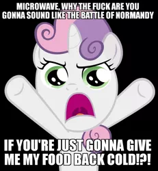 Size: 858x930 | Tagged: safe, banned from derpibooru, deleted from derpibooru, derpibooru import, sweetie belle, angry, caption, image macro, meme, microwave, obligatory pony, oh come on, solo, text, vulgar, world war ii