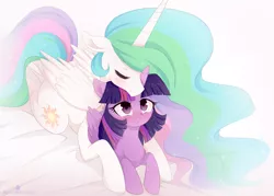 Size: 2108x1512 | Tagged: safe, artist:verawitch, banned from derpibooru, deleted from derpibooru, derpibooru import, princess celestia, twilight sparkle, twilight sparkle (alicorn), alicorn, pony, blushing, cuddling, cute, cutelestia, female, lesbian, shipping, snuggling, twiabetes, twilestia