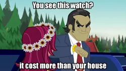 Size: 1280x720 | Tagged: safe, banned from derpibooru, deleted from derpibooru, derpibooru import, screencap, filthy rich, gloriosa daisy, equestria girls, legend of everfree, caption, image macro, limousine, meme, text, watch