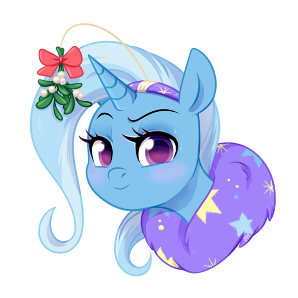 Size: 626x626 | Tagged: safe, artist:jumblehorse, banned from derpibooru, deleted from derpibooru, derpibooru import, trixie, pony, unicorn, blushing, bust, cape, christmas, clothes, cute, diatrixes, hat, holiday, lidded eyes, looking at you, mistletoe, portrait, raised eyebrow, simple background, smiling, solo, transparent background, trixie's cape, trixie's hat