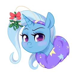 Size: 626x626 | Tagged: safe, artist:jumblehorse, banned from derpibooru, deleted from derpibooru, derpibooru import, trixie, pony, unicorn, blushing, bust, cape, christmas, clothes, cute, diatrixes, hat, holiday, lidded eyes, looking at you, mistletoe, portrait, raised eyebrow, simple background, smiling, solo, transparent background, trixie's cape, trixie's hat