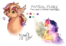 Size: 1024x717 | Tagged: safe, artist:shellielle, banned from derpibooru, deleted from derpibooru, derpibooru import, twilight sparkle, oc, oc:astral flare, alicorn, original species, chest fluff, floppy ears, heart, magical lesbian spawn, offspring, open mouth, parents:sunsetsparkle, parent:sunset shimmer, parent:twilight sparkle, simple background, smiling, twilight sparkle (alicorn), unshorn fetlocks, wide eyes