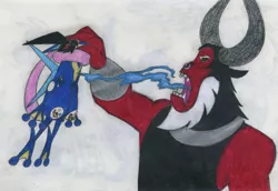 Size: 2057x1417 | Tagged: safe, artist:smcho1014, banned from derpibooru, deleted from derpibooru, derpibooru import, lord tirek, oc, oc:wild sketchy, greninja, ash-greninja, colored pencil drawing, crossover, duo, magic, magic drain, male, nose piercing, nose ring, piercing, pokémon, shuriken, that centaur sure does love magic, traditional art
