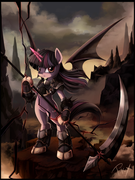 Size: 1080x1440 | Tagged: safe, artist:ponykillerx, banned from derpibooru, deleted from derpibooru, derpibooru import, twilight sparkle, twilight sparkle (alicorn), alicorn, bat pony, bat pony alicorn, pony, semi-anthro, vampire, armor, bat wings, bipedal, glowing horn, horn, night guard, scythe, solo, unconvincing armor, weapon, wings