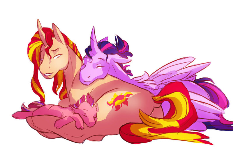 Size: 1024x662 | Tagged: safe, artist:shellielle, banned from derpibooru, deleted from derpibooru, derpibooru import, sunset shimmer, twilight sparkle, twilight sparkle (alicorn), oc, oc:astral flare, alicorn, pony, cloven hooves, cuddling, female, lesbian, magical lesbian spawn, offspring, parent:sunset shimmer, parent:twilight sparkle, parents:sunsetsparkle, prone, shipping, simple background, snuggling, sunsetsparkle