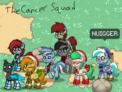 Size: 2048x1536 | Tagged: safe, banned from derpibooru, deleted from derpibooru, derpibooru import, oc, oc:abby, oc:firetorch, oc:jade sprockett, changeling, pony, pony town, cancer, changeling oc, clothes, group photo, racism, socks, striped socks, vulgar