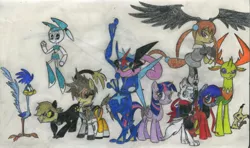 Size: 2435x1440 | Tagged: safe, artist:smcho1014, banned from derpibooru, deleted from derpibooru, derpibooru import, thorax, twilight sparkle, twilight sparkle (alicorn), oc, oc:dr. wolf, oc:wild sketchy, alicorn, anthro, bird, changedling, changeling, earth pony, greninja, mimikyu, pony, roadrunner, robot, to where and back again, alisa southerncross, anthro with ponies, ash-greninja, changeling king, chat noir, colored pencil drawing, crossover, female, goggles, jenny wakeman, king thorax, male, mare, miraculous ladybug, overwatch, pokémon, road runner, stallion, tracer, traditional art