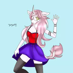 Size: 960x960 | Tagged: suggestive, artist:hanaty, banned from derpibooru, deleted from derpibooru, derpibooru import, oc, oc:bianca, unofficial characters only, anthro, unicorn, anthro oc, blue background, clothes, eyepatch, female, ponysona, simple background, solo, solo female