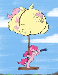 Size: 989x1280 | Tagged: safe, artist:belaboy, banned from derpibooru, deleted from derpibooru, derpibooru import, fluttershy, pinkie pie, balloonie pony, original species, blimp, flutterblimp, flying, inflation, telescope