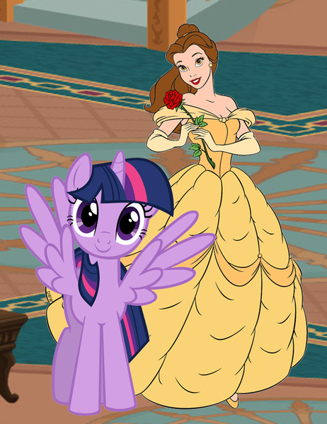 Size: 1080x1402 | Tagged: safe, artist:conthauberger, banned from derpibooru, deleted from derpibooru, derpibooru import, twilight sparkle, alicorn, friendship is magic, beauty and the beast, belle, crossover, disney, my little pony, princess belle, twilight sparkle (alicorn)