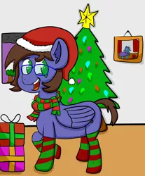 Size: 3371x4062 | Tagged: safe, artist:xppp1n, banned from derpibooru, deleted from derpibooru, derpibooru import, trixie, oc, oc:peeps, pony, unicorn, absurd resolution, christmas, christmas tree, clothes, female, frame, hat, holiday, mare, present, santa hat, scarf, socks, solo, striped socks, tree