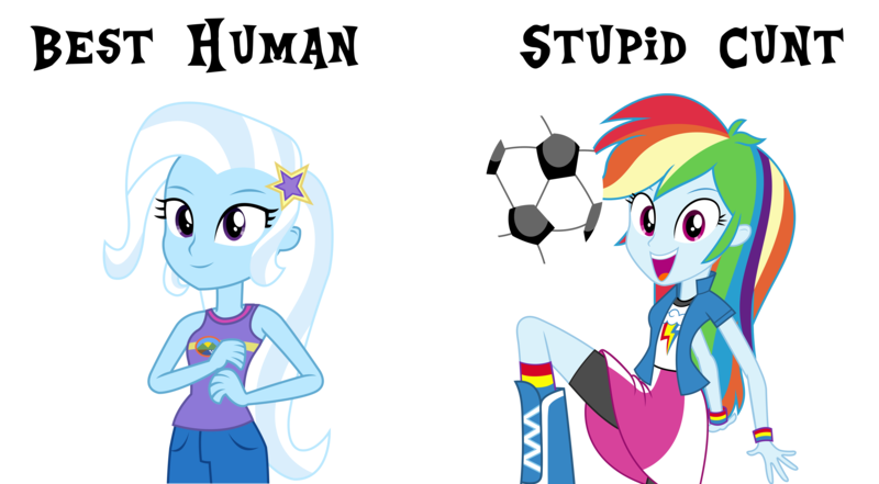 Size: 5096x2808 | Tagged: safe, banned from derpibooru, deleted from derpibooru, derpibooru import, rainbow dash, trixie, equestria girls, duo, looking at you, op wants attention, open mouth, opinion, simple background, smiling, swearing, transparent background, vulgar