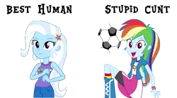 Size: 5096x2808 | Tagged: safe, banned from derpibooru, deleted from derpibooru, derpibooru import, rainbow dash, trixie, equestria girls, duo, looking at you, op wants attention, open mouth, opinion, simple background, smiling, swearing, transparent background, vulgar