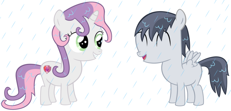 Size: 2394x1151 | Tagged: safe, artist:meandmyideas, banned from derpibooru, deleted from derpibooru, derpibooru import, rumble, sweetie belle, cutie mark, female, male, rain, rumbelle, shipping, simple background, straight, the cmc's cutie marks, transparent background, wet, wet mane