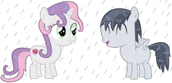 Size: 2394x1151 | Tagged: safe, artist:meandmyideas, banned from derpibooru, deleted from derpibooru, derpibooru import, rumble, sweetie belle, cutie mark, female, male, rain, rumbelle, shipping, simple background, straight, the cmc's cutie marks, transparent background, wet, wet mane