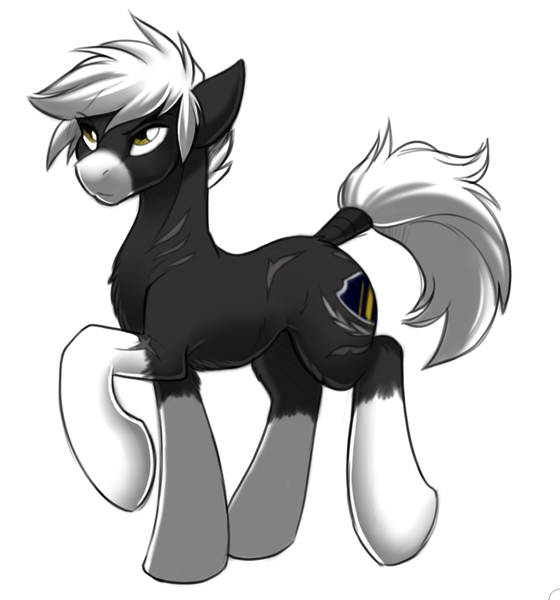 Size: 904x968 | Tagged: safe, artist:cassiusdrawsthings, banned from derpibooru, deleted from derpibooru, derpibooru import, oc, oc:tungsten shield, ponified, unofficial characters only, earth pony, object pony, original species, pony, element pony, raised hoof, scar, scowl, solo, tail wrap