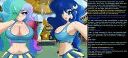 Size: 2370x1090 | Tagged: suggestive, artist:thebrokencog, banned from derpibooru, deleted from derpibooru, derpibooru import, edit, editor:misterman4, part of a set, princess celestia, princess luna, rarity, human, equestria girls, armpits, belly button, breasts, busty princess celestia, busty princess luna, canterlot high, cheerleader, cleavage, clothes, eye clipping through hair, female, femdom, hair over one eye, humanized, hypnosis, hypnosis edit, image, jewelry, joi/e, jpeg, looking at you, manip, midriff, mind control, offscreen character, open mouth, part of a series, pendant, pleated skirt, pom pom, school spirit, signature, skirt, solo, solo female, sports bra, text, wondercolts