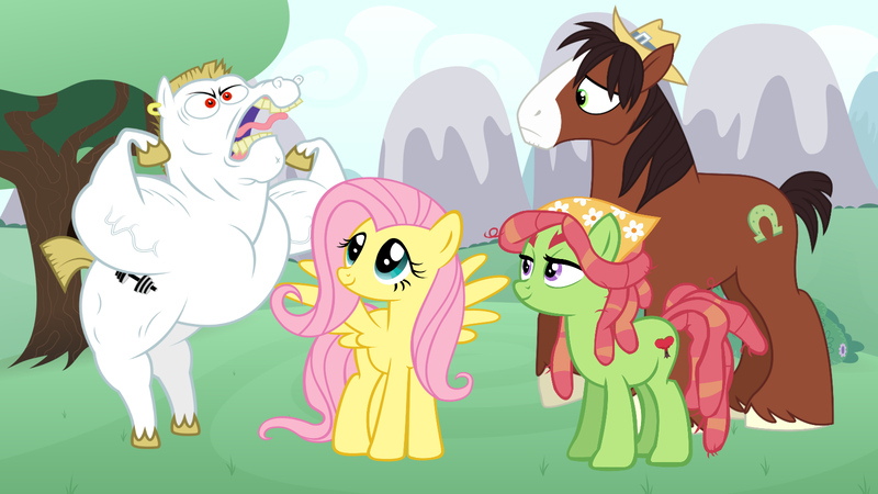 Size: 1600x900 | Tagged: safe, banned from derpibooru, deleted from derpibooru, derpibooru import, editor:jdueler11, bulk biceps, fluttershy, tree hugger, trouble shoes, big guy, female, flutterbulk, male, nature, shipping, snow, snowflake, straight, tree, troublehugger, vector
