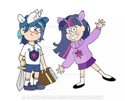 Size: 400x324 | Tagged: safe, artist:blankpapermind, banned from derpibooru, deleted from derpibooru, derpibooru import, shining armor, twilight sparkle, bianca alencar, book, brazil, clothes, cosplay, costume, dipper pines, duo, gravity falls, mabel pines, sword, voice actor joke, watermark, weapon