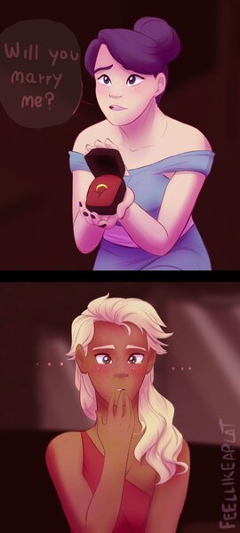 Size: 599x1332 | Tagged: safe, artist:feellikeaplat, banned from derpibooru, deleted from derpibooru, derpibooru import, applejack, rarity, human, blushing, dark skin, female, humanized, jewelry, lesbian, marriage proposal, rarijack, ring, shipping