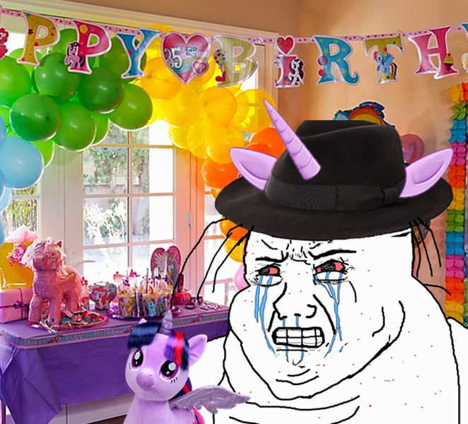 Size: 709x643 | Tagged: safe, banned from derpibooru, deleted from derpibooru, derpibooru import, twilight sparkle, balloon, birthday, brony, crying, fedora, feels, hat, irl, photo, plushie, wojak