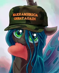 Size: 3200x4000 | Tagged: safe, artist:kp-shadowsquirrel, banned from derpibooru, deleted from derpibooru, derpibooru import, edit, queen chrysalis, nymph, :3, biting, cute, cutealis, donald trump, fangs, hat, heart, heart (organ), looking at you, love, make america great again, mouthpiece, organs, photoshop, politics, smiling, solo, younger
