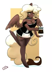 Size: 3000x4200 | Tagged: suggestive, artist:gingersnap913, banned from derpibooru, deleted from derpibooru, derpibooru import, oc, oc:sweet mocha, unofficial characters only, anthro, pegasus, unguligrade anthro, absurd resolution, big breasts, breasts, cleavage, clothes, coffee, dress, female, legs, maid, solo, solo female, stockings, thigh highs