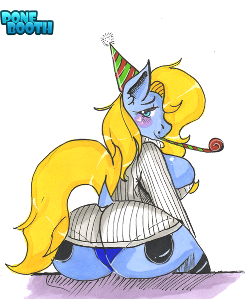 Size: 1024x1248 | Tagged: questionable, artist:ponebooth, banned from derpibooru, deleted from derpibooru, derpibooru import, oc, oc:disorient, unofficial characters only, anthro, clothes, dock, female, hat, keyhole turtleneck, open-chest sweater, panties, party hat, party horn, simple background, solo, solo female, sweater, traditional art, turtleneck, underwear, white background