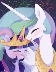 Size: 1200x1548 | Tagged: safe, artist:verawitch, banned from derpibooru, deleted from derpibooru, derpibooru import, princess celestia, twilight sparkle, twilight sparkle (alicorn), alicorn, pony, accessory swap, blushing, clothes, cute, eyes closed, female, fireworks, happy, laughing, lesbian, open mouth, oversized clothes, shipping, smiling, twilestia