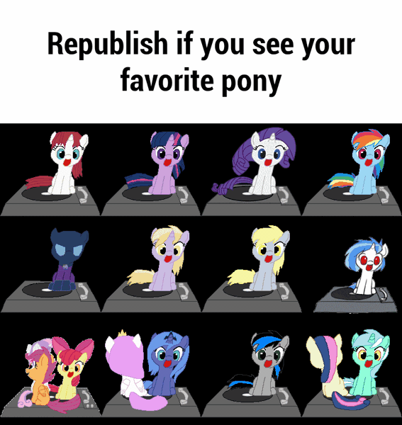 Size: 800x847 | Tagged: safe, artist:tomdantherock, artist:valcron, banned from derpibooru, deleted from derpibooru, derpibooru import, apple bloom, bon bon, derpy hooves, dinky hooves, lyra heartstrings, mare do well, princess celestia, princess luna, rainbow dash, rarity, scootaloo, sweetie belle, sweetie drops, twilight sparkle, vinyl scratch, oc, oc:fausticorn, alicorn, pony, animated, cewestia, cute, cutie mark crusaders, female, filly, lesbian, lyrabon, shipping, spinning, turntable, woona, younger